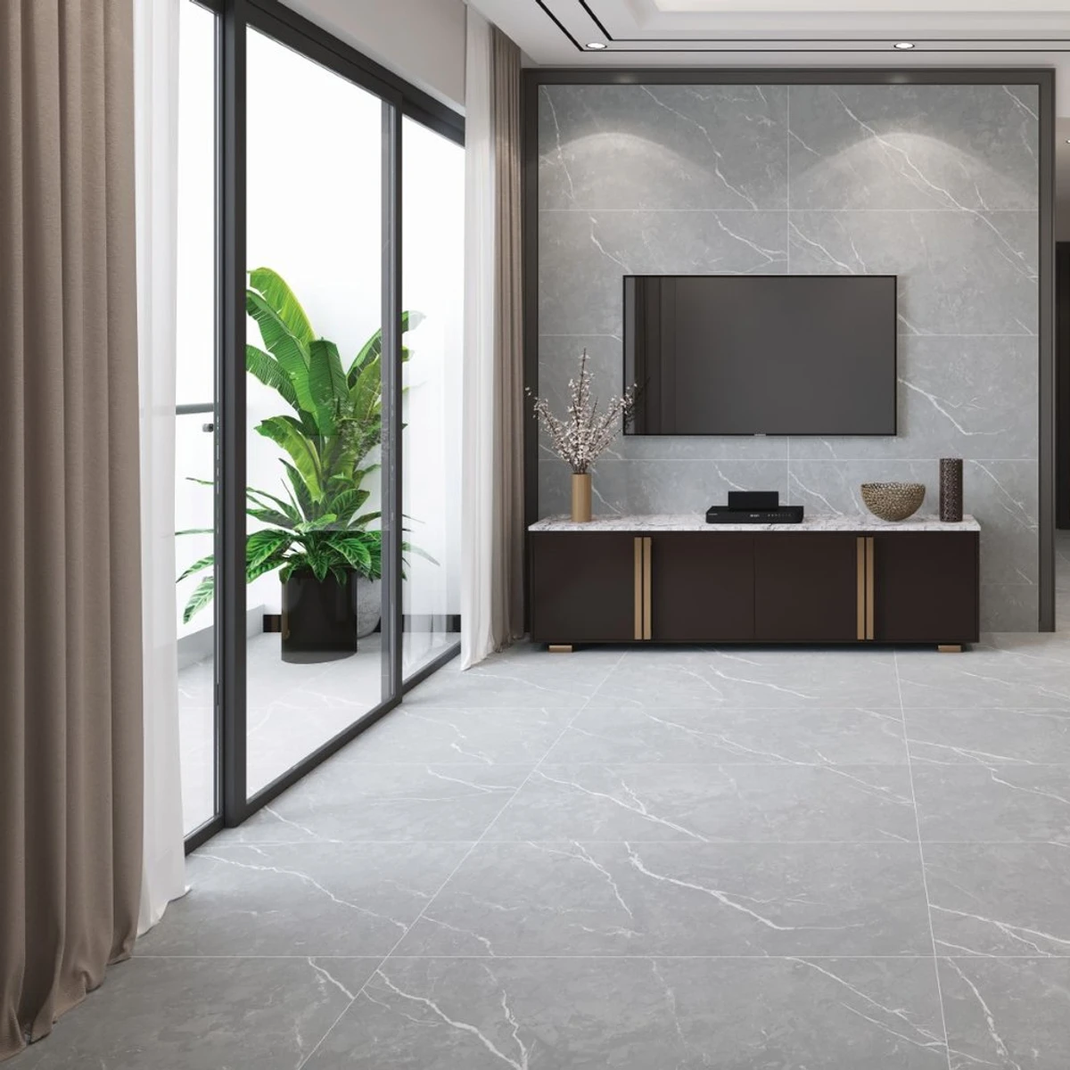 Elenza Light Grey Porcelain Tile installed in a room setting
