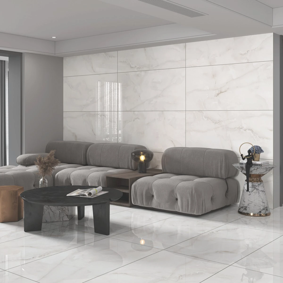 Florida Onyx Silver Porcelain Tile installed in a room setting