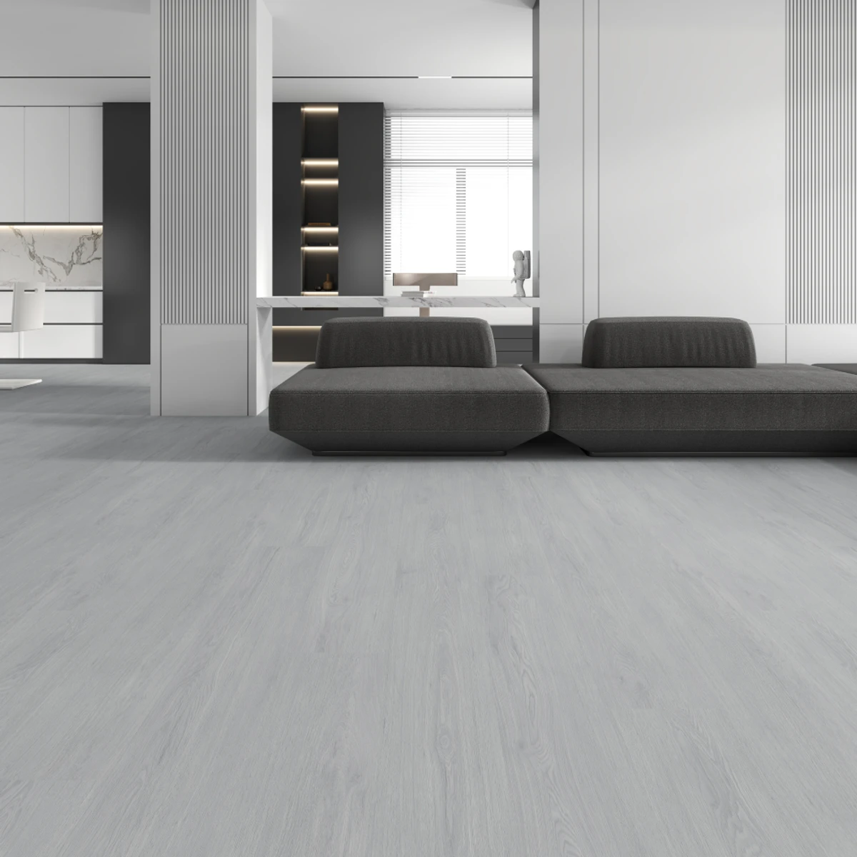 Nebbia Gray SPC Rigid-Core Plank installed in a room setting