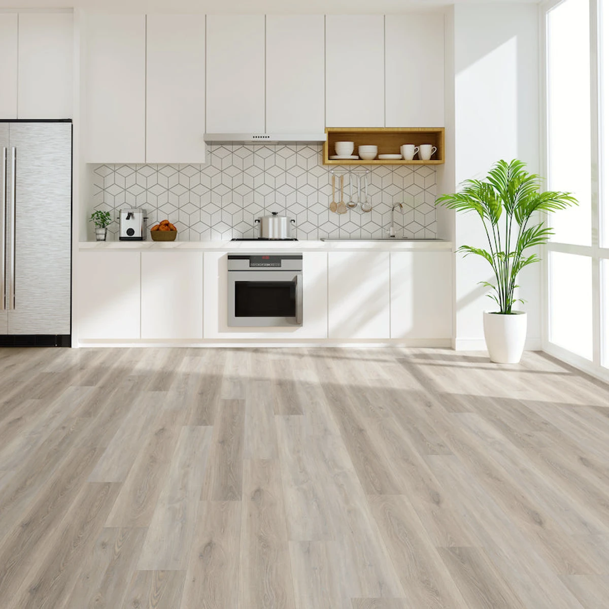 Prime in Painted Oak SPC Rigid-Core Plank installed in a room setting