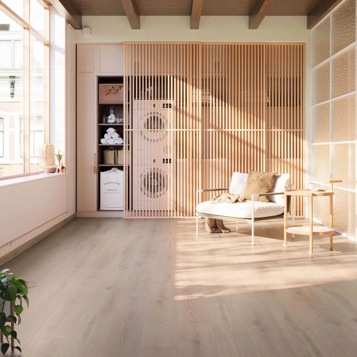 Roble Twilight Waterproof Laminate installed in a room setting
